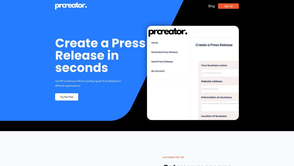 The Pr Creator website screenshot