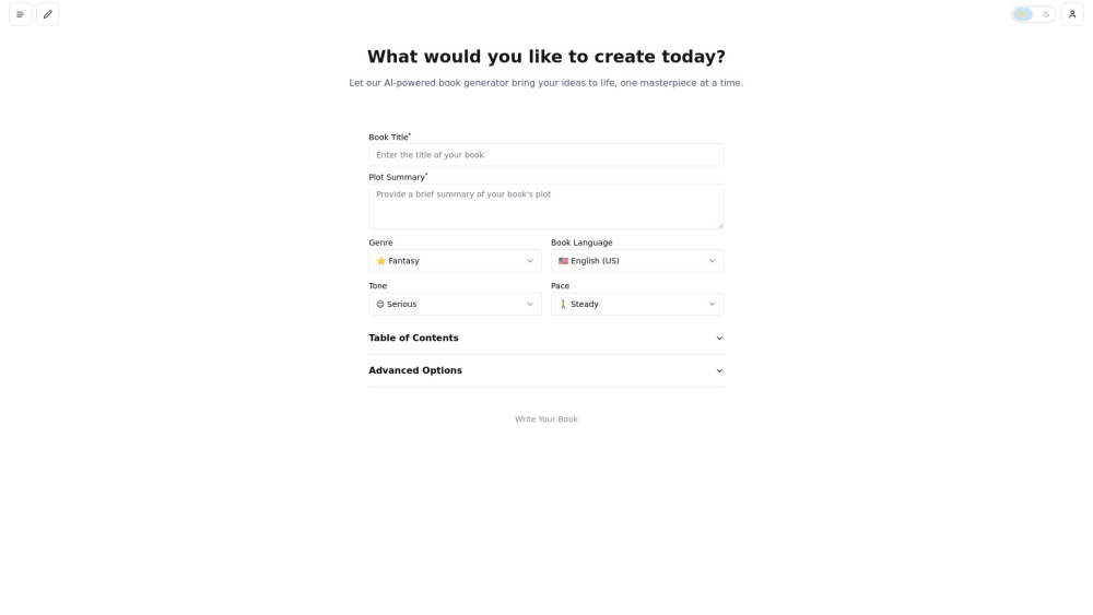 Ai Book Generator website screenshot