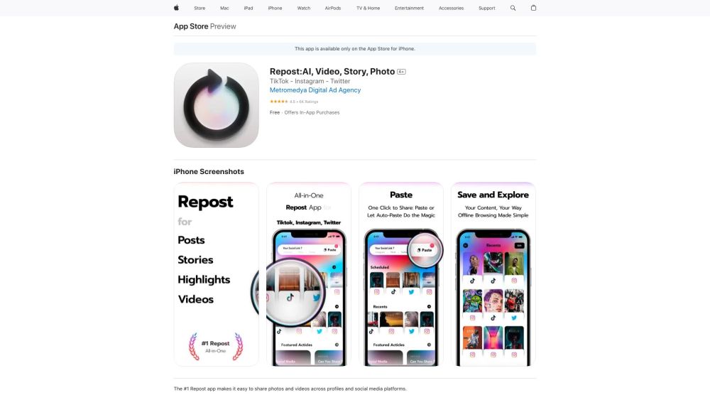 Repost Ai Instagram Tiktok Twitter website screenshot