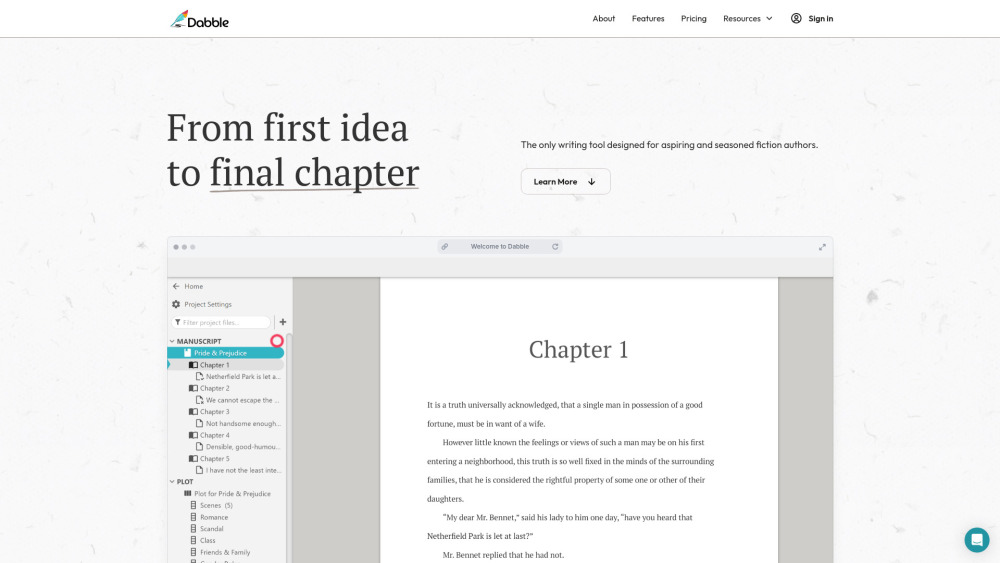Dabble Book Writing Software website screenshot
