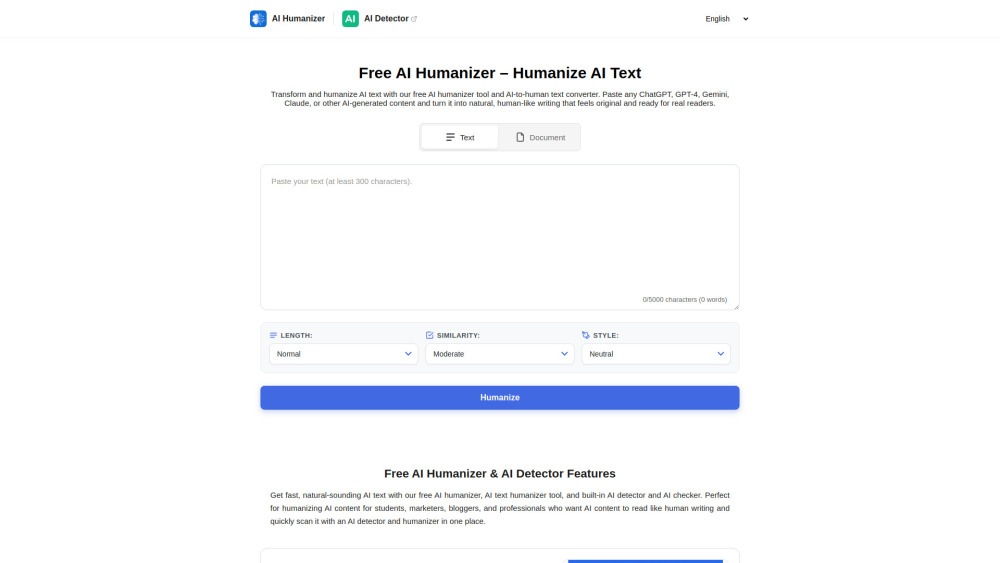 Free Ai Text Humanizer Detector website screenshot