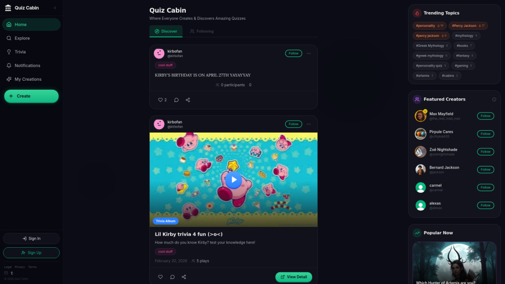 Quiz Cabin website screenshot