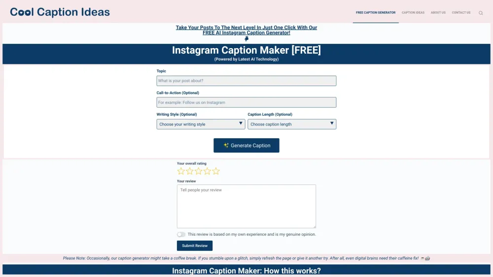 Social Media Caption Generator website screenshot