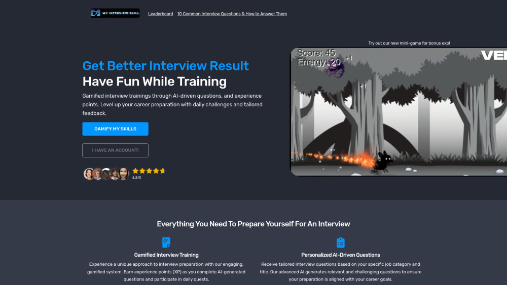Gamified Interview Training website screenshot