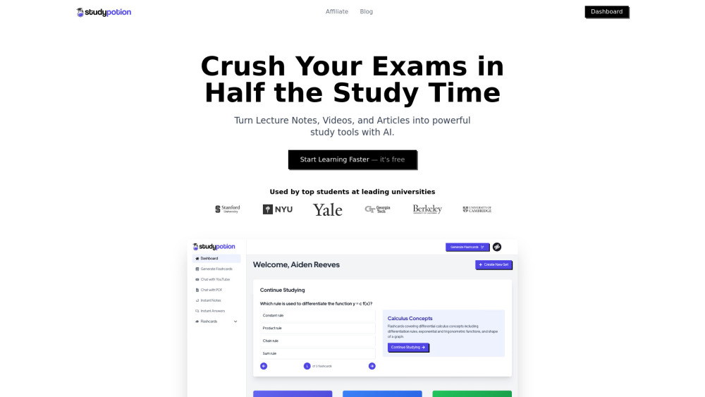 Study Potion Ai website screenshot