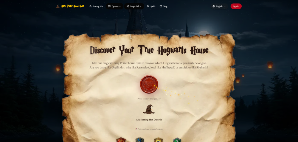 Harry Potter House Quiz Org website screenshot