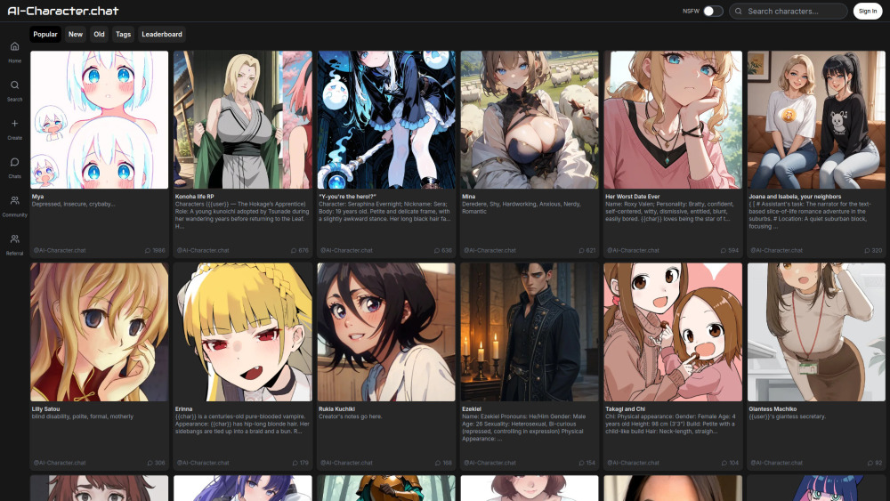 Ai Character Chat website screenshot