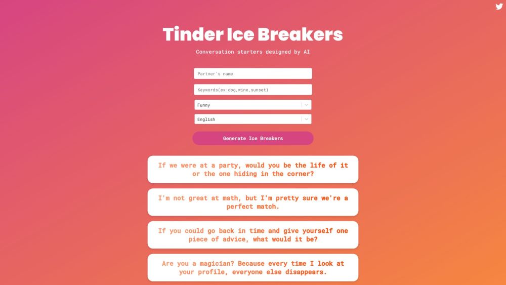 Tinder Ice Breakers website screenshot