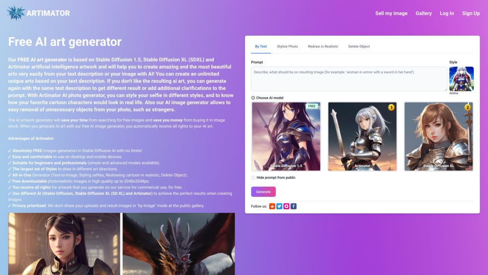 Artimator website screenshot