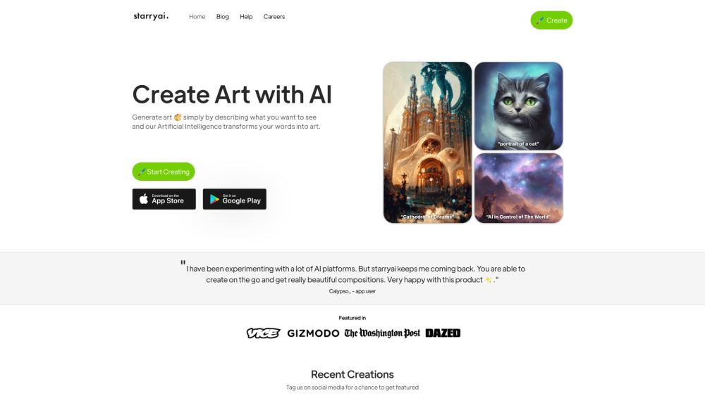 Starryai 2 0 website screenshot