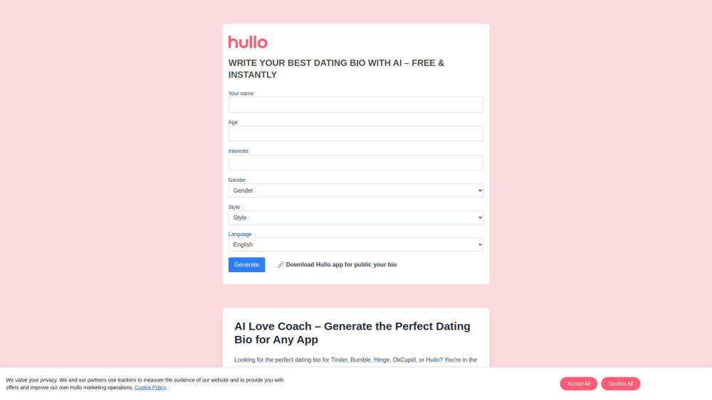 Hullo Ai Bio Generator website screenshot