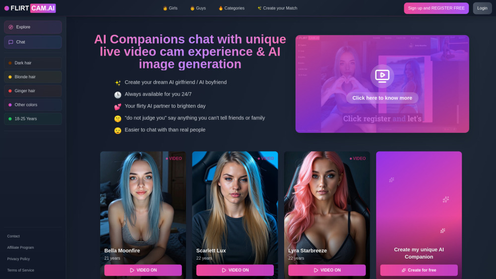 Flirtcam Ai Unique Video Ai Girlfriend Boyfriend website screenshot