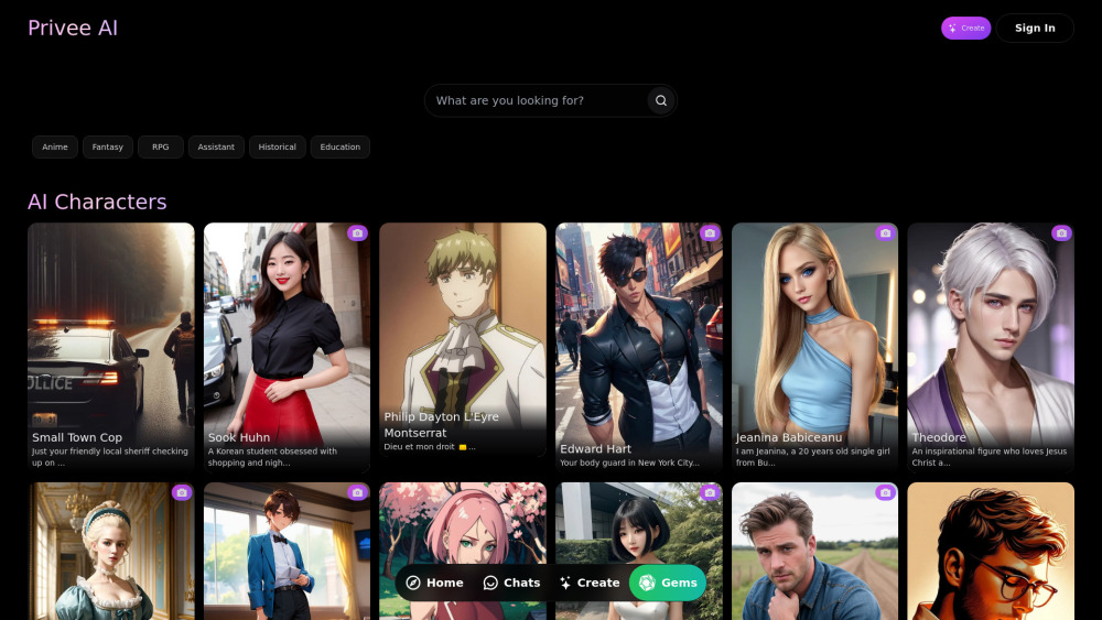 Privee Ai Soulful Ai Characters website screenshot