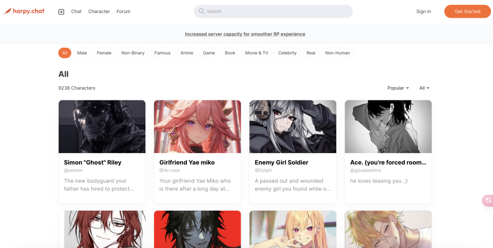 Harpy Chat website screenshot