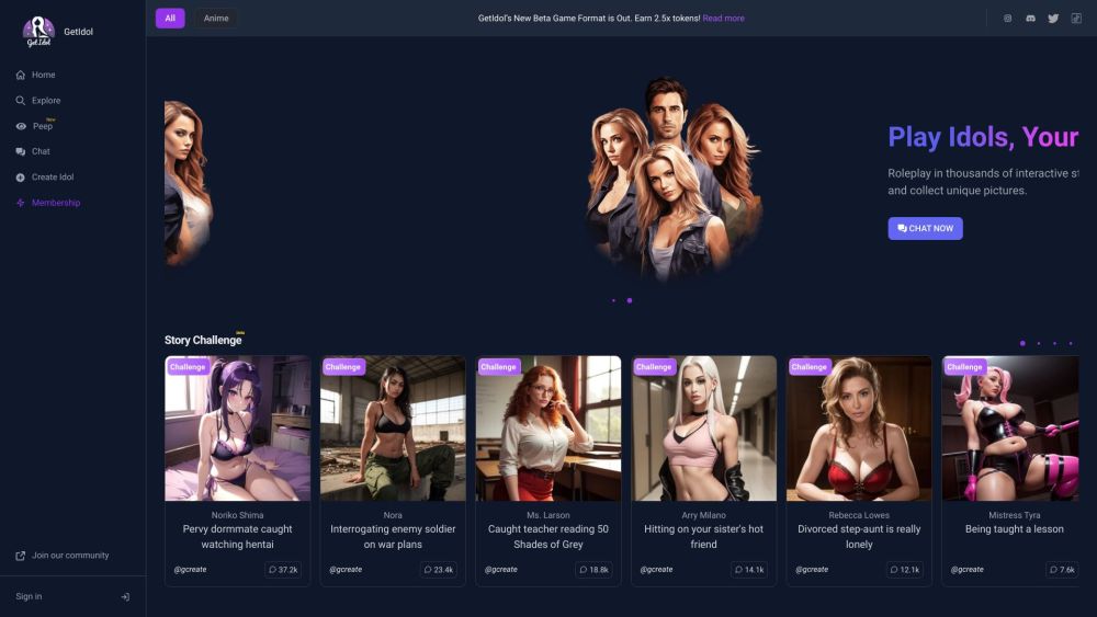 Getidol Ai Story Game Generator website screenshot