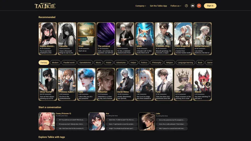 Talkie Ai website screenshot