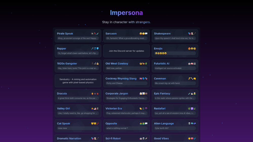 Impersona website screenshot