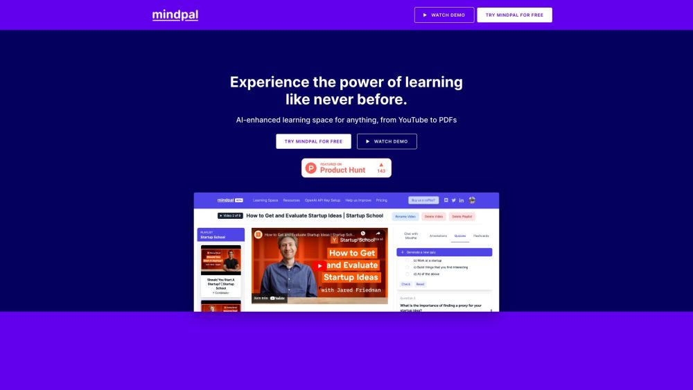 Mindpal For Youtube website screenshot