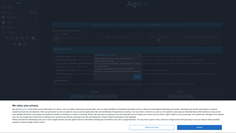 Agnaistic Agnai Chat website screenshot