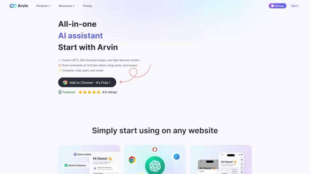 Arvin Ai Assistant website screenshot