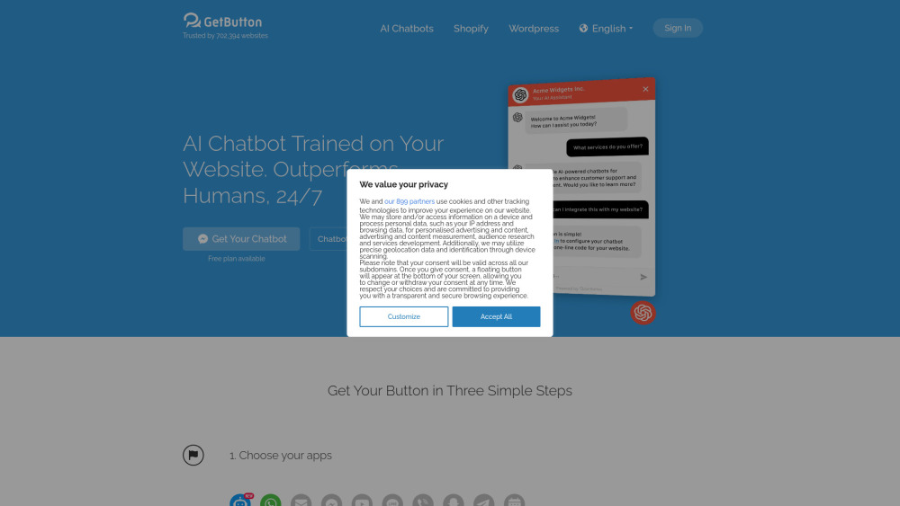 Getbutton Ai Chatbots For Websites website screenshot
