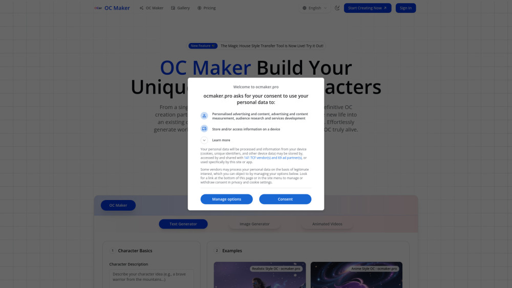 Ocer Your All In One Ai Oc Maker website screenshot