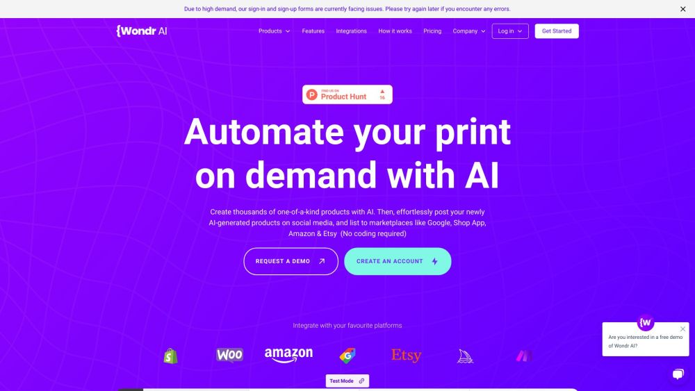 Wondr Ai Ai Print On Demand Automation website screenshot