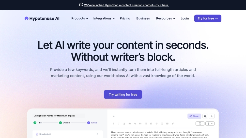 Hypotenuse Ai website screenshot