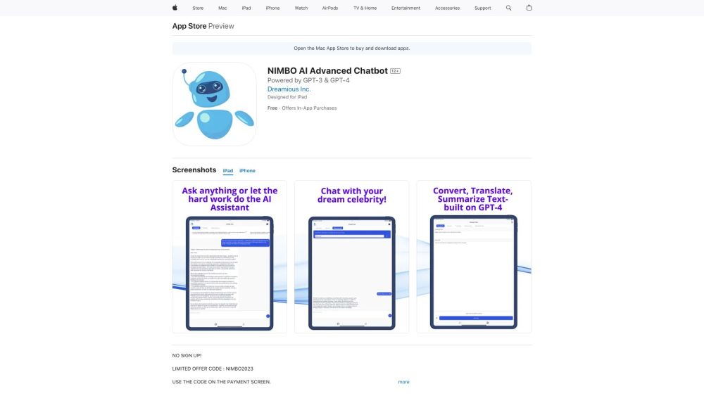 Nimbo Ai Advanced Chatbot Built On Gpt 4 website screenshot