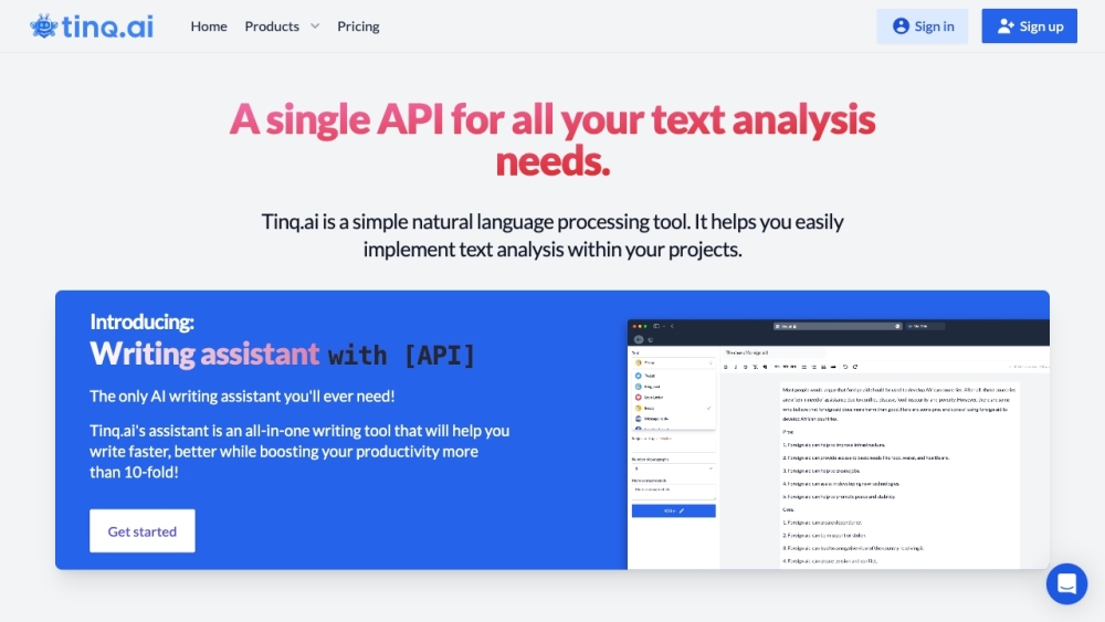 Tinq Ai Nlp Api website screenshot