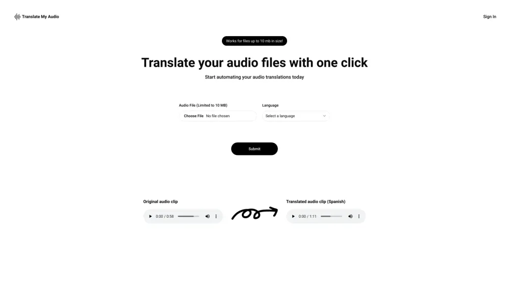 Translate My Audio website screenshot
