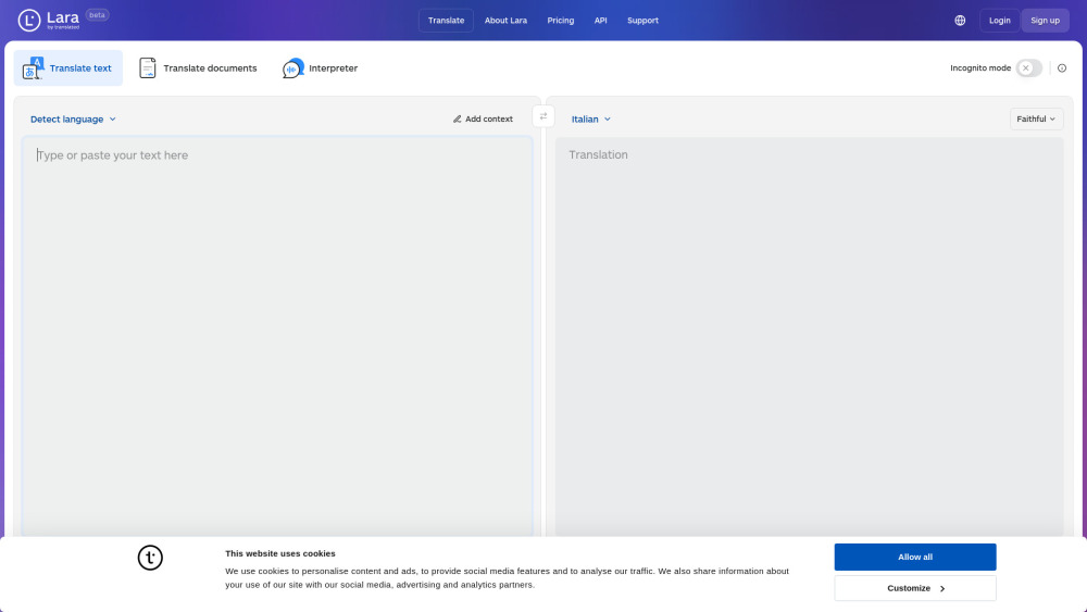 Lara Translate website screenshot