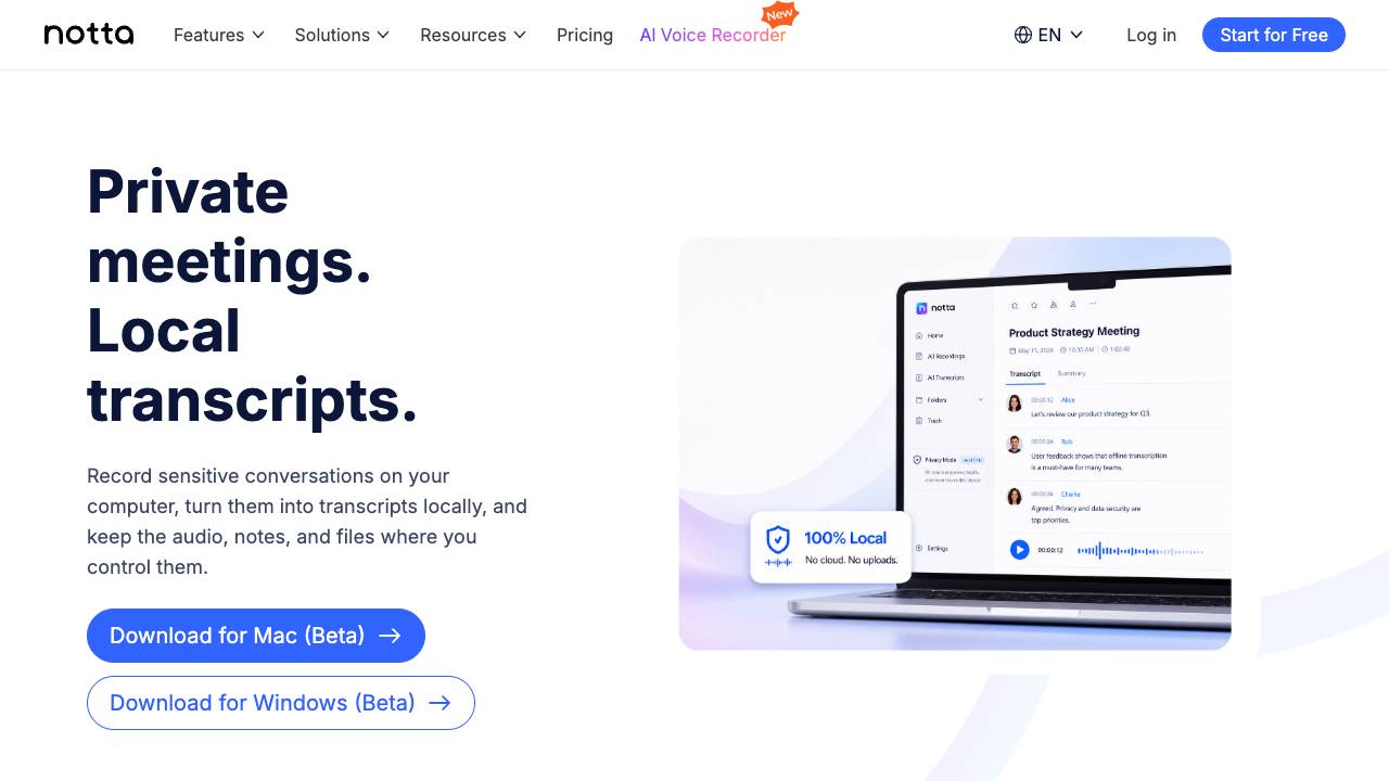 Notta Desktop - Privacy Mode website screenshot