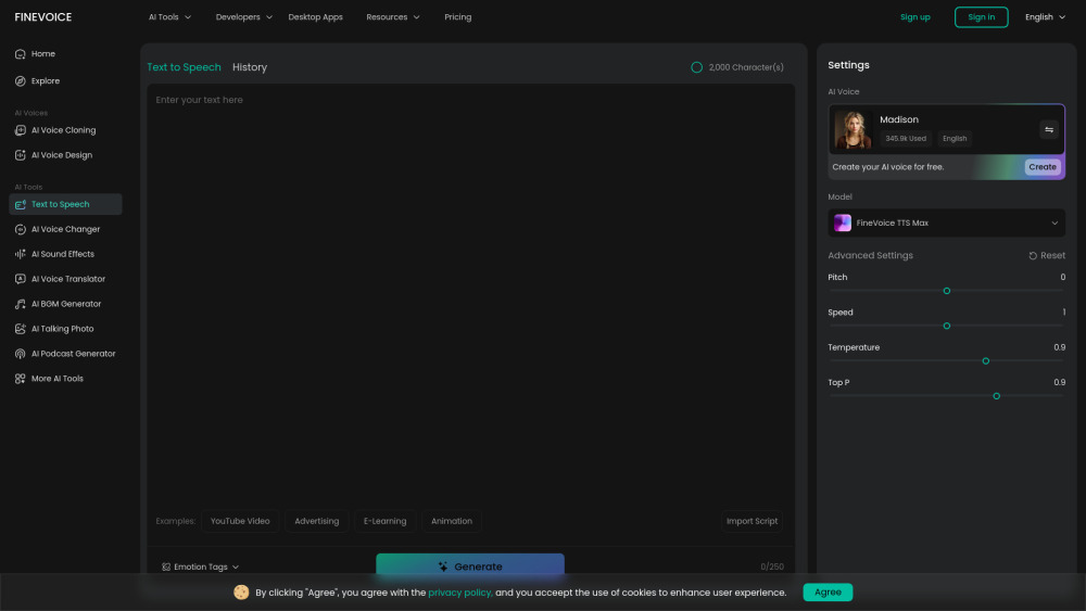 Finevoice Text To Speech website screenshot