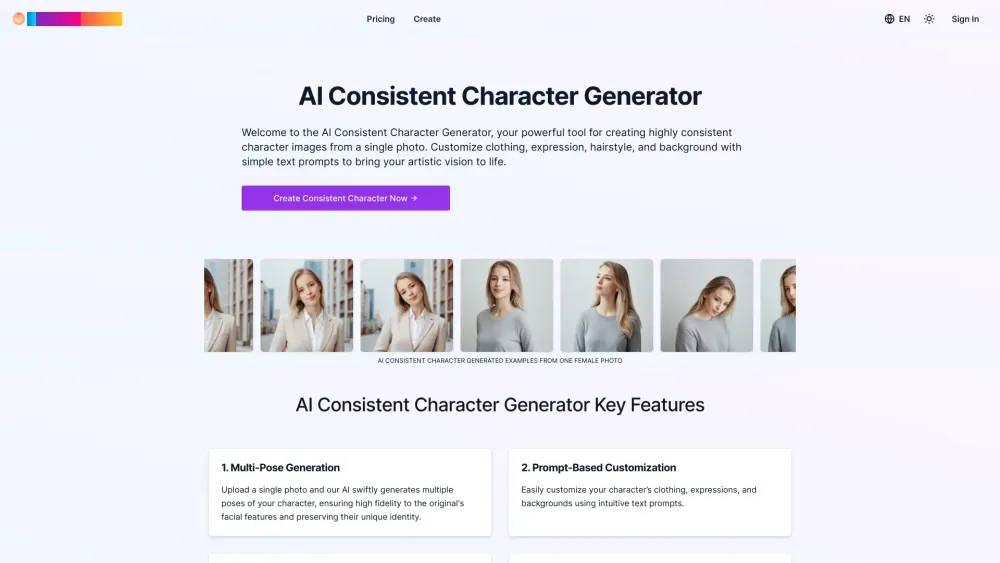 Consistent Character Generator website screenshot