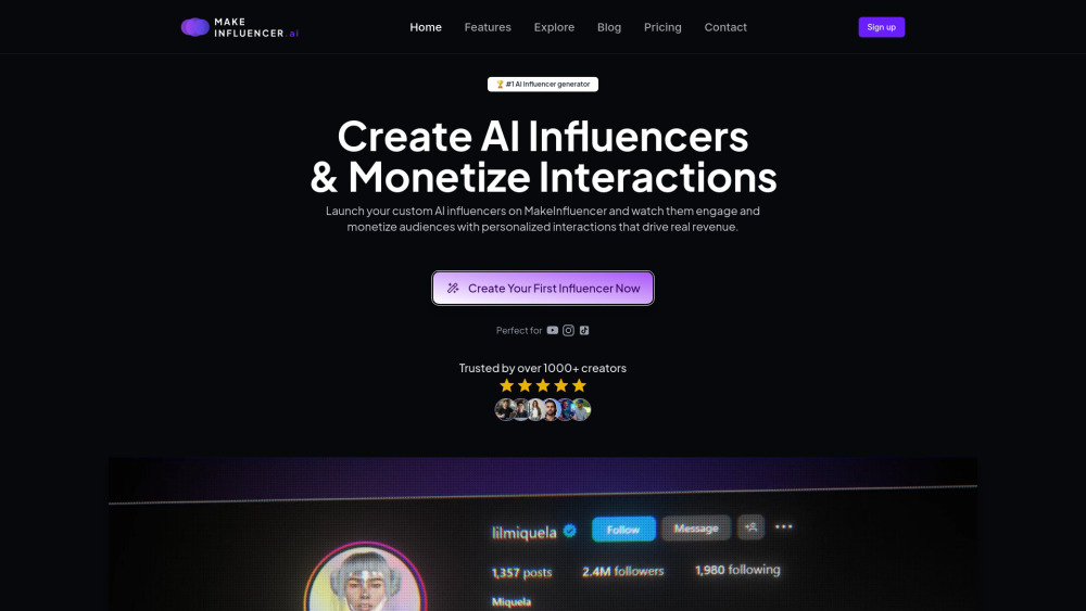 Makeinfluencer Ai website screenshot
