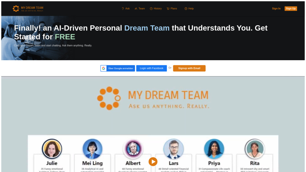 My Dream Team website screenshot