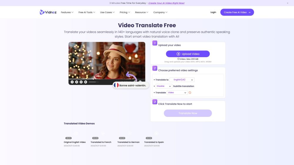 Vidnoz Ai Video Translator website screenshot