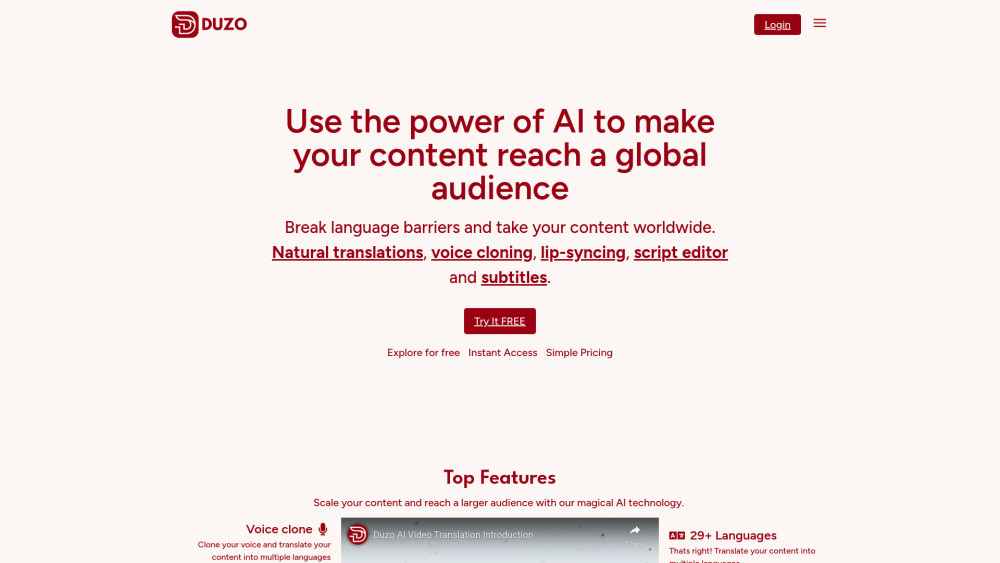 Duzo Ai Video Translations website screenshot