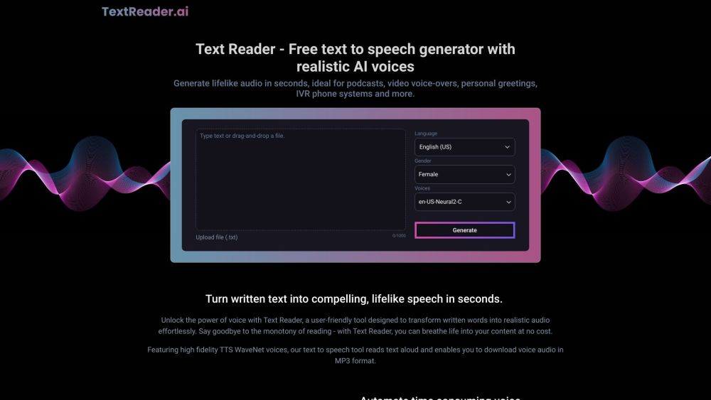 Text Reader Ai website screenshot