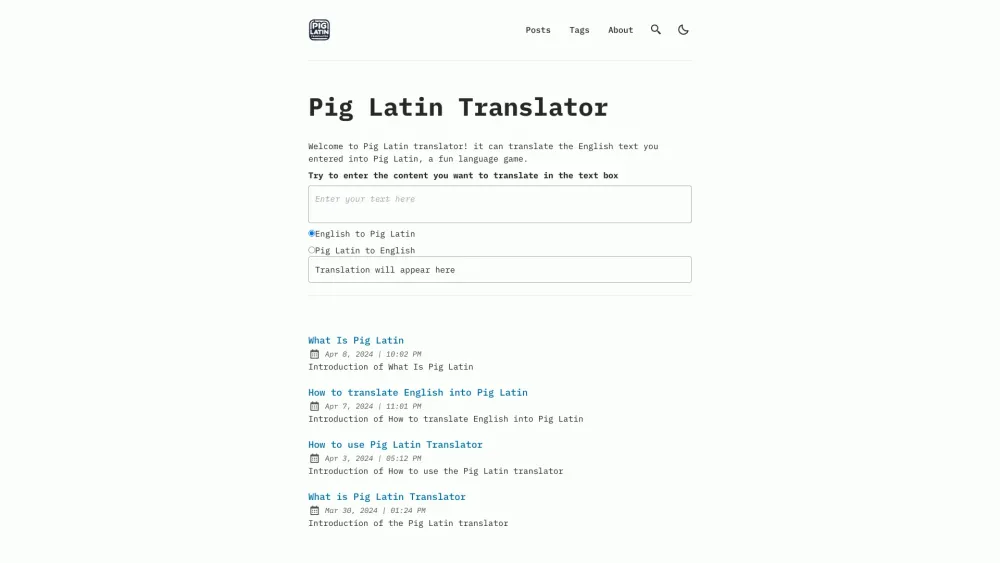 Pig Latin website screenshot