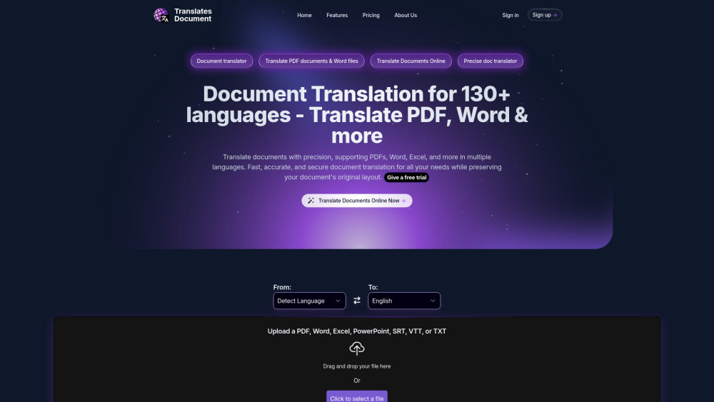 Translatesdocument website screenshot