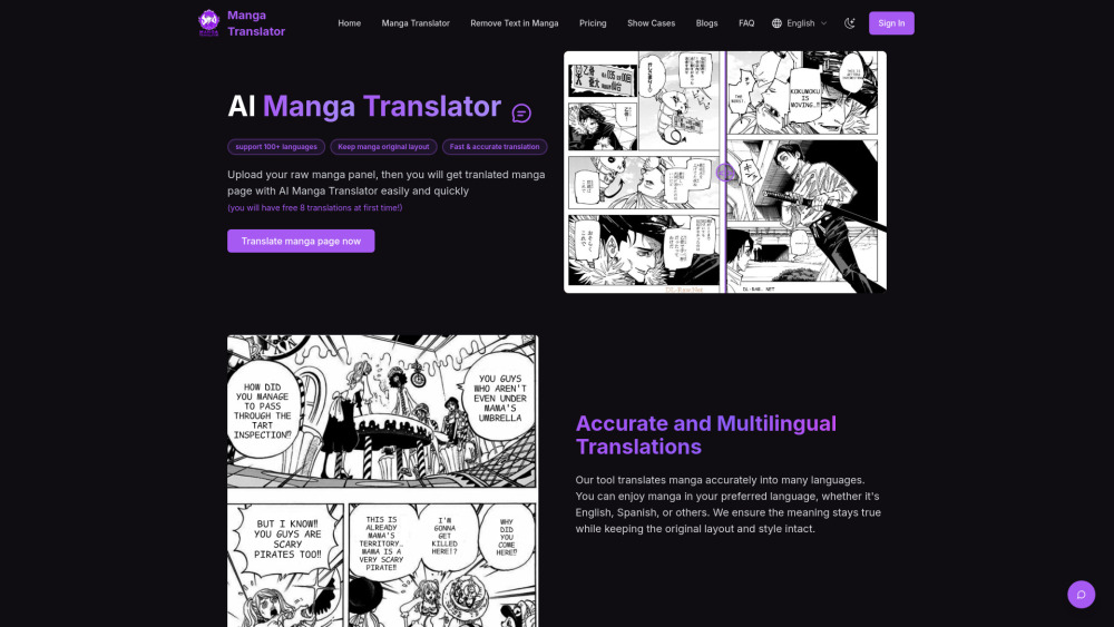 Free Online Ai Manga Translator Manhwa Translator website screenshot