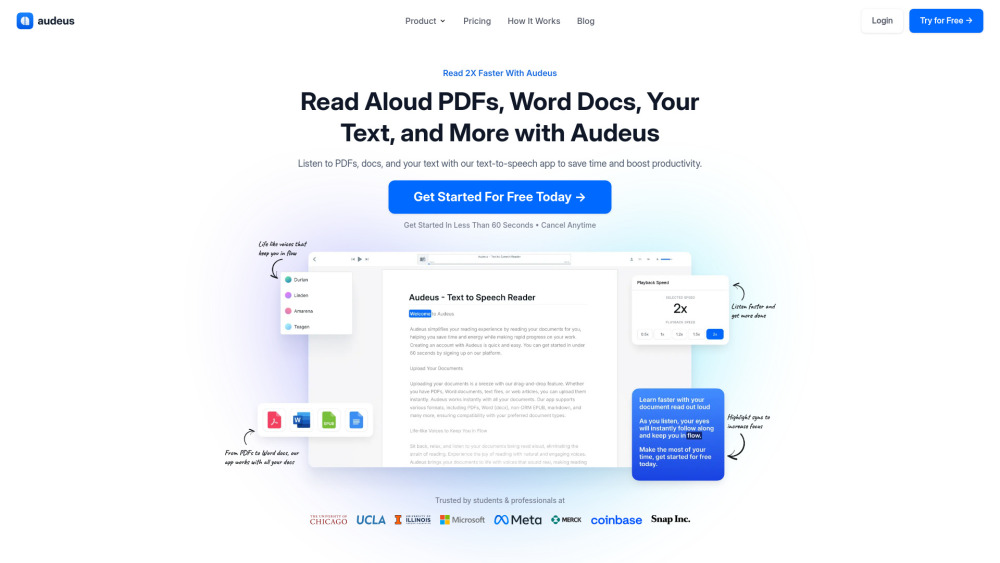 Audeus Text To Speech Reader website screenshot
