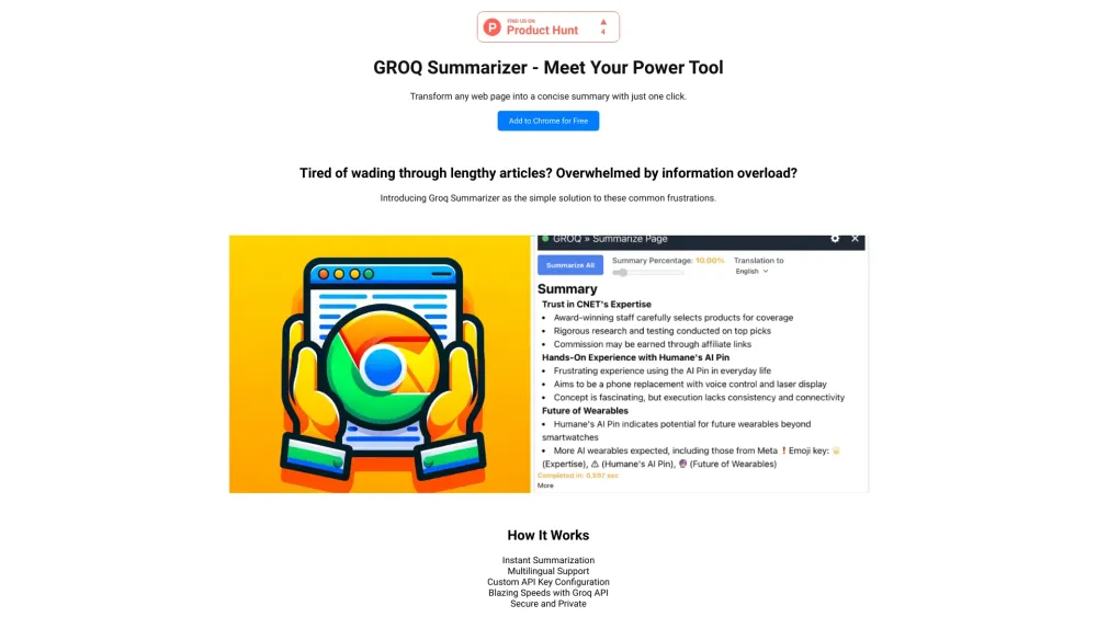 Groq Summarizer website screenshot
