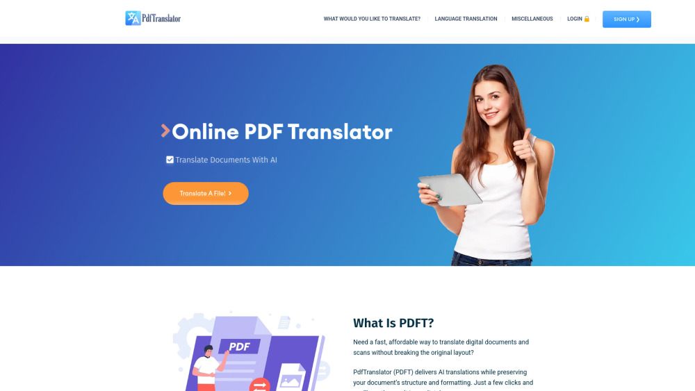 Pdft Ai Online Pdf Translator website screenshot