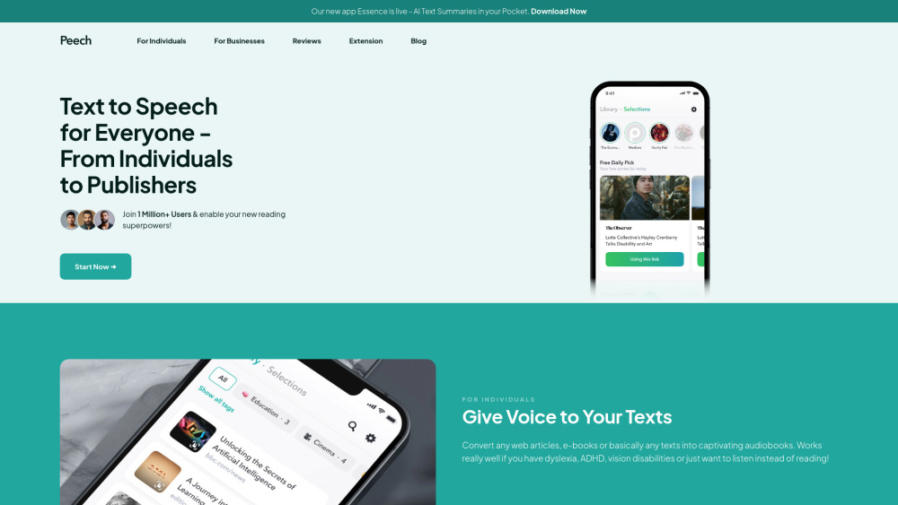 Peech Text To Speech Reader website screenshot