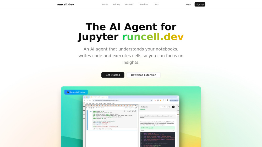 Runcell Jupyter Ai Agent website screenshot
