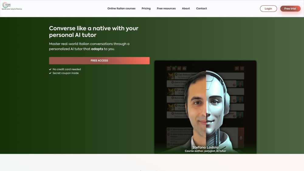 Think In Italian Ai Language Tutor website screenshot