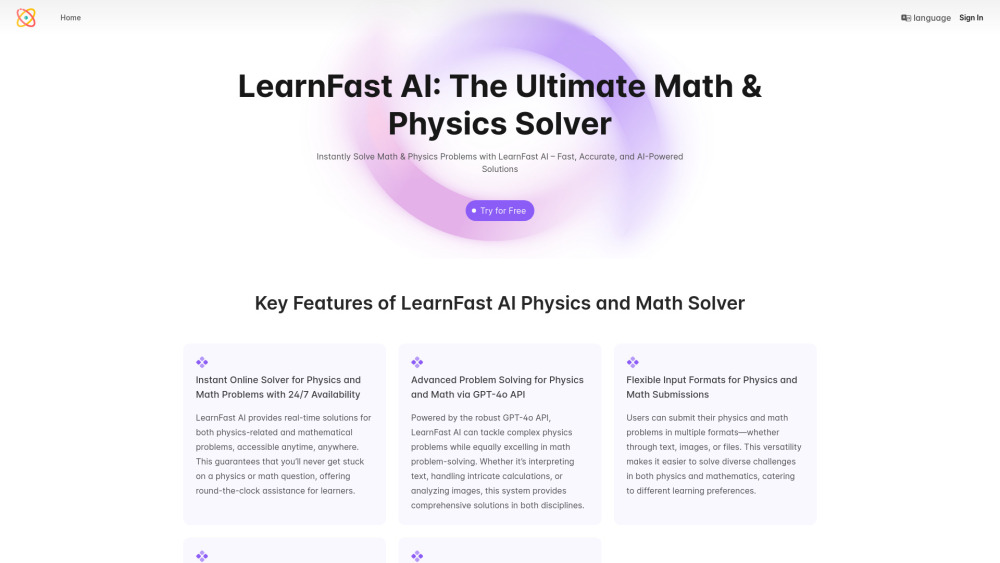 Learnfast Ai Free Ai Physics Solver website screenshot